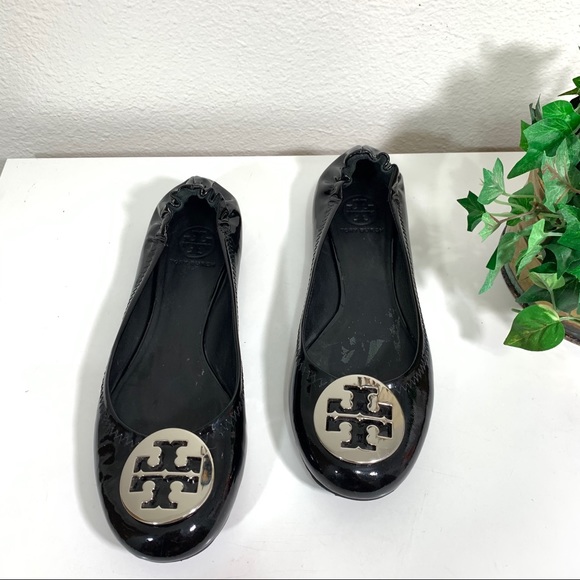 Tory Burch Shoes - TORY BURCH Patent Leather REVA Silver Logo Flats
